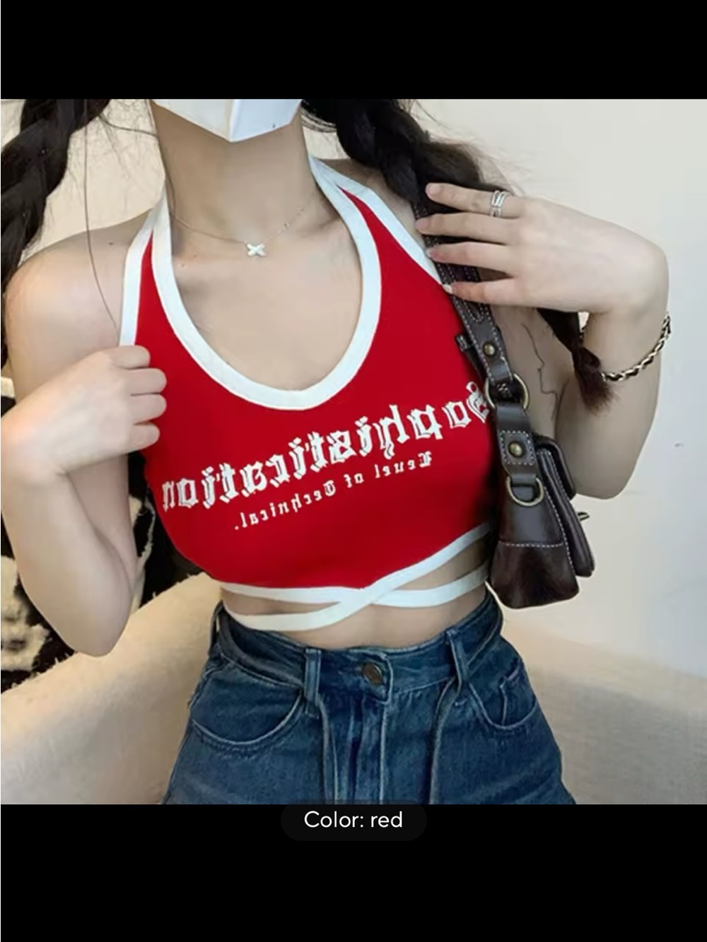 Red Halter Knit Crop Top with White Contrast Trim
